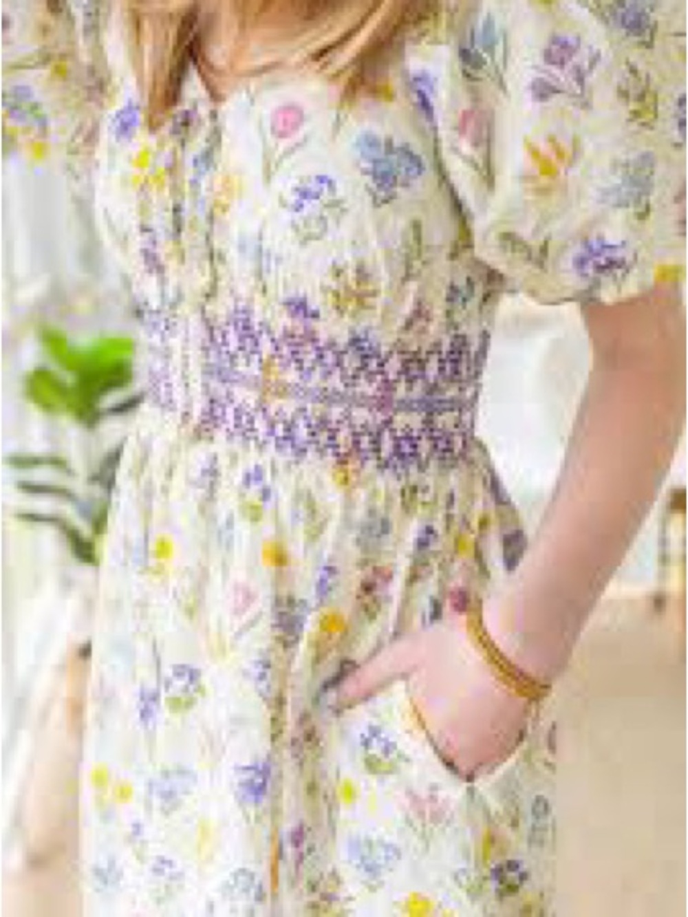Floral Smocked Waist Puff Sleeve Midi Dress in Cream with Pastel Florals